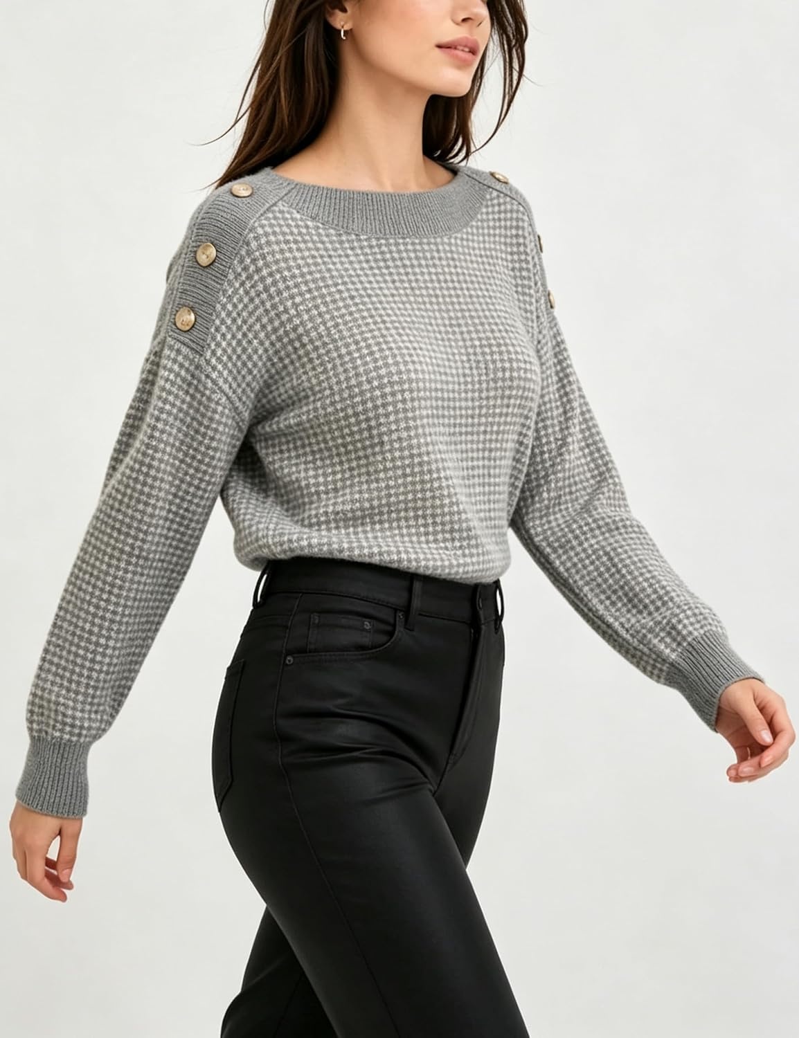 image:imageSpringrain Womens Knit Sweaters Boat Neck Tiny Check Pullover Fall TopGrey