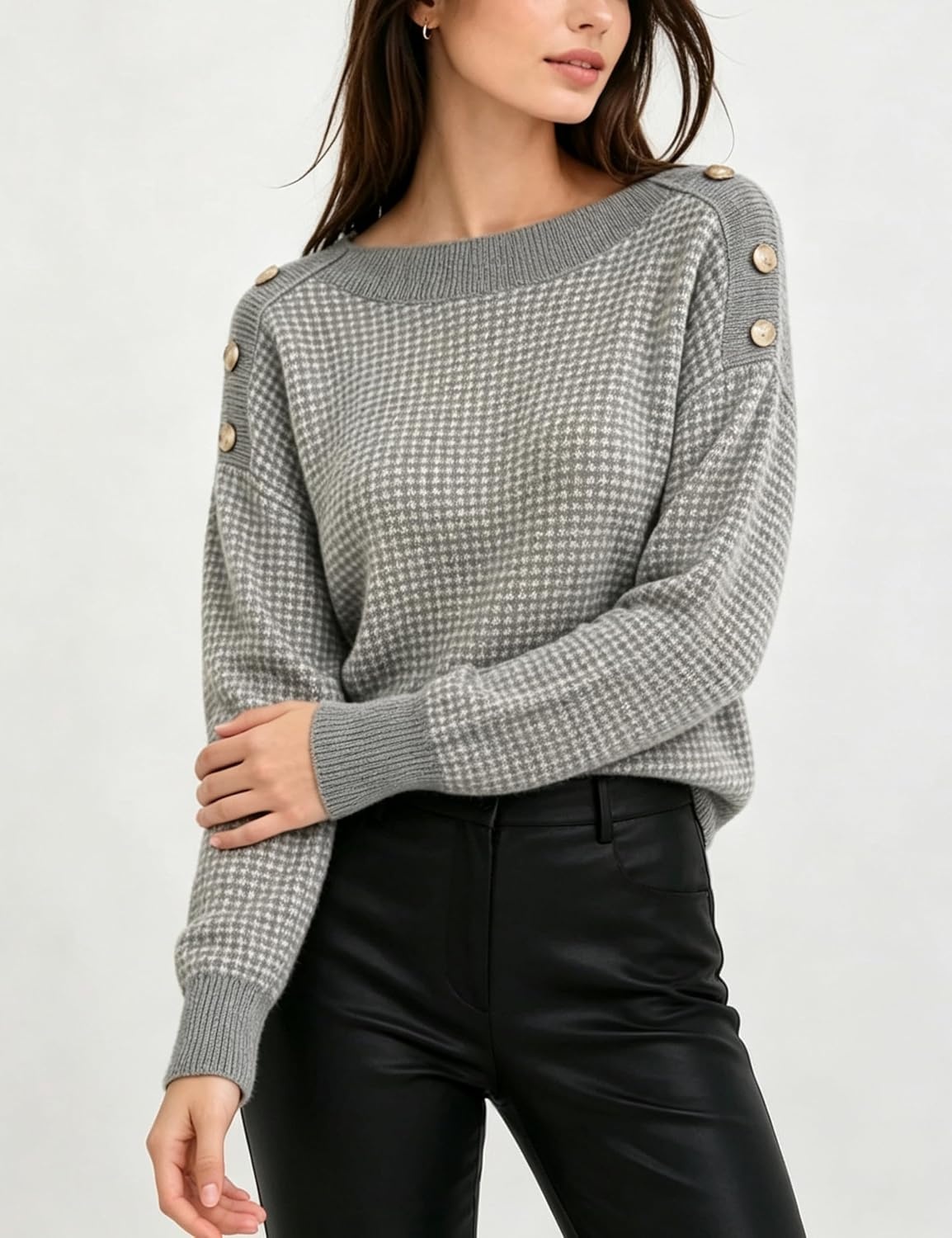 image:imageSpringrain Womens Knit Sweaters Boat Neck Tiny Check Pullover Fall TopGrey