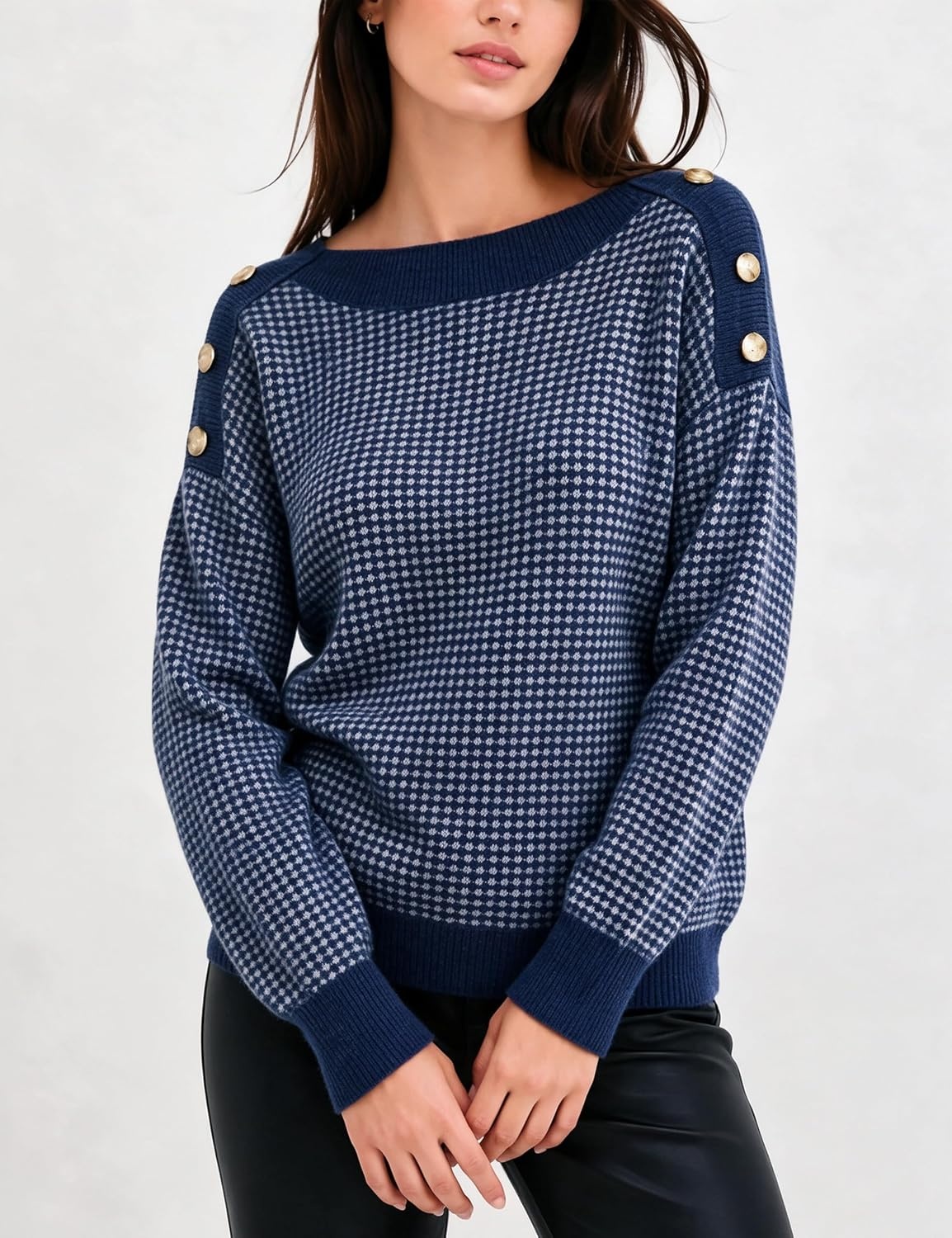 image:imageSpringrain Womens Knit Sweaters Boat Neck Tiny Check Pullover Fall TopNavy