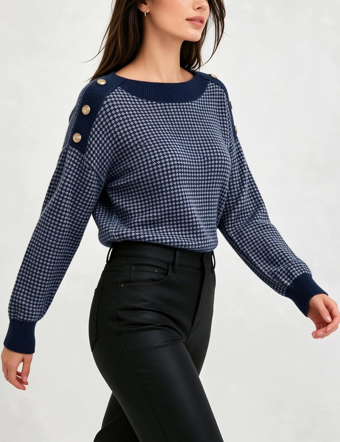 image:imageSpringrain Womens Knit Sweaters Boat Neck Tiny Check Pullover Fall TopNavy