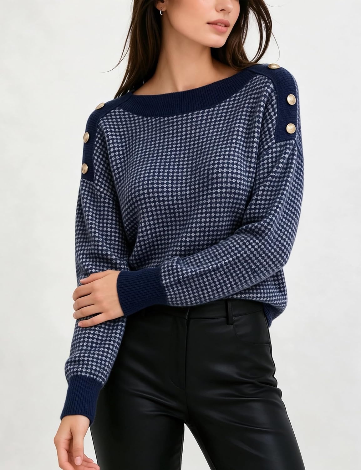 image:imageSpringrain Womens Knit Sweaters Boat Neck Tiny Check Pullover Fall TopNavy