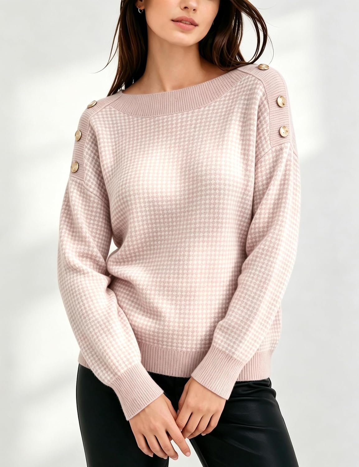 image:imageSpringrain Womens Knit Sweaters Boat Neck Tiny Check Pullover Fall TopPink