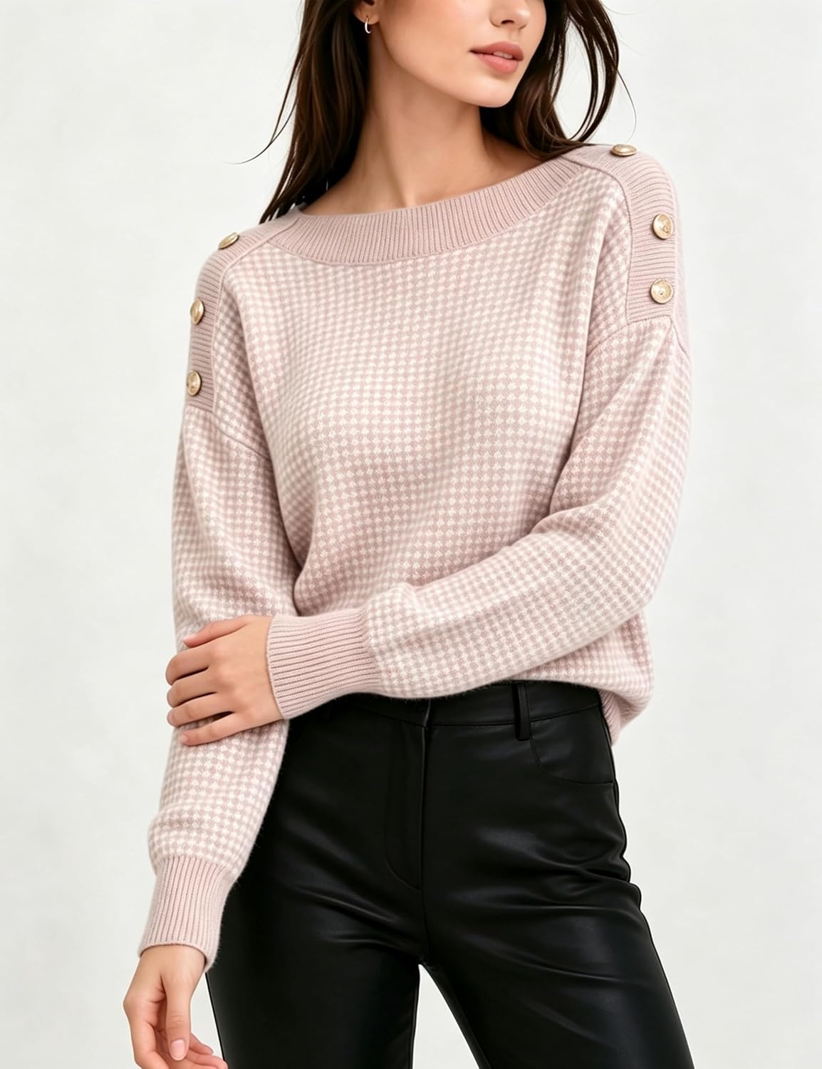 image:imageSpringrain Womens Knit Sweaters Boat Neck Tiny Check Pullover Fall TopPink