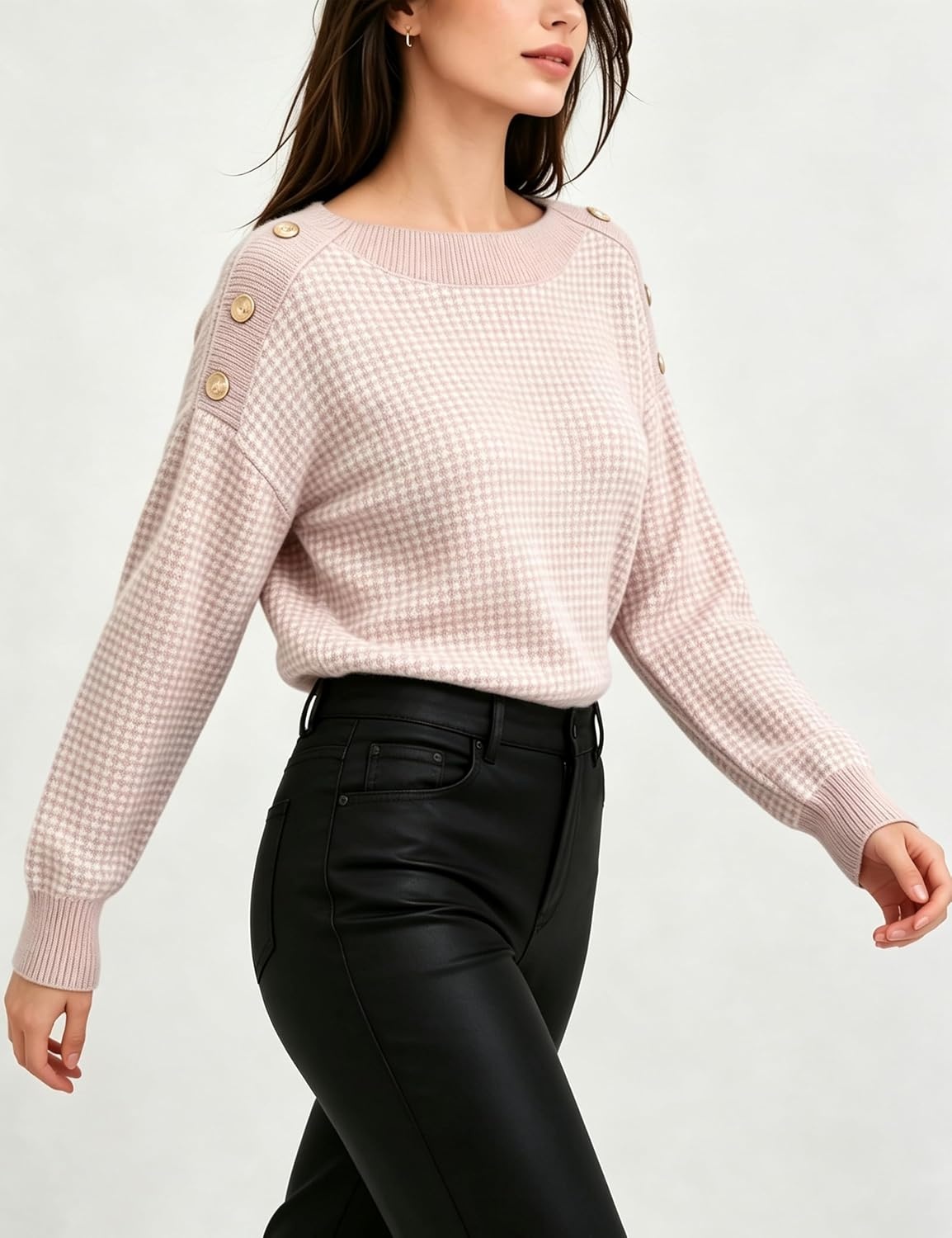 image:imageSpringrain Womens Knit Sweaters Boat Neck Tiny Check Pullover Fall TopPink