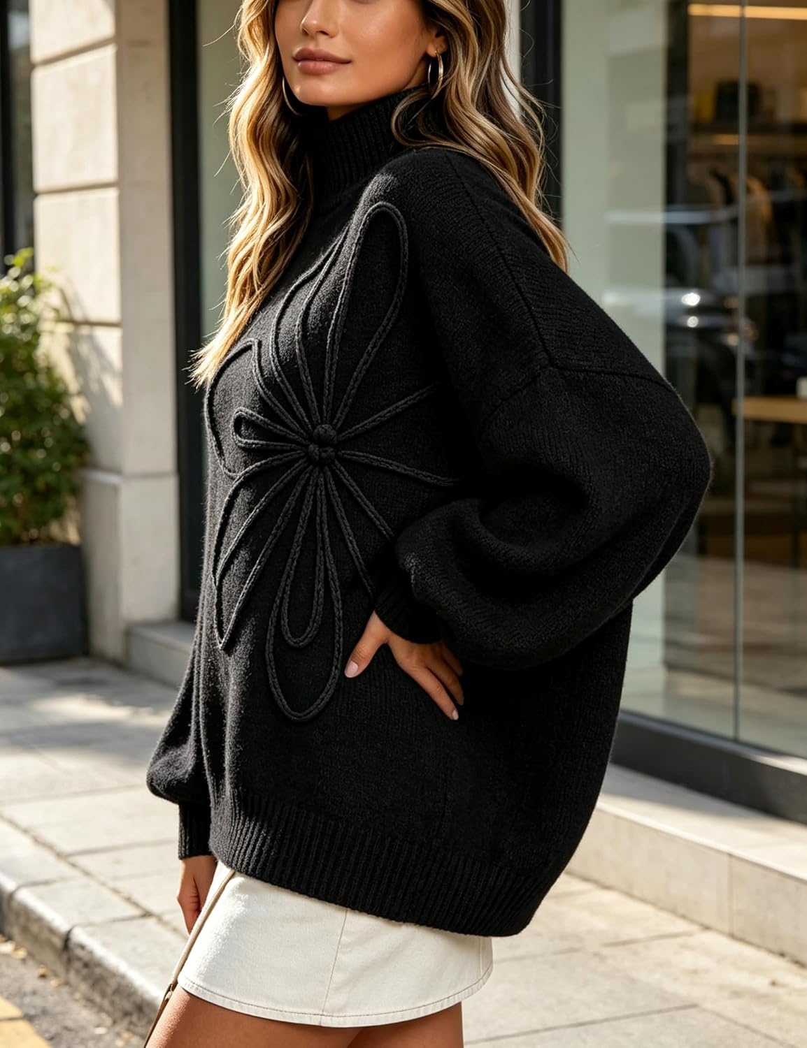 image:imageSpringrain Womens Oversized Mock Neck Sweater 3D Flower Knit Pullover TopBlack