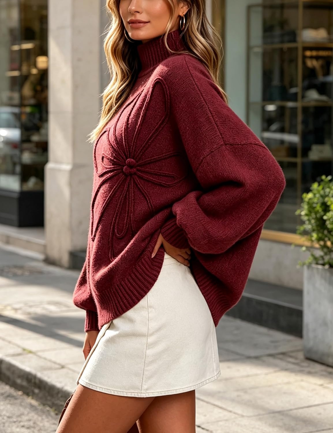 image:imageSpringrain Womens Oversized Mock Neck Sweater 3D Flower Knit Pullover TopBurgundy