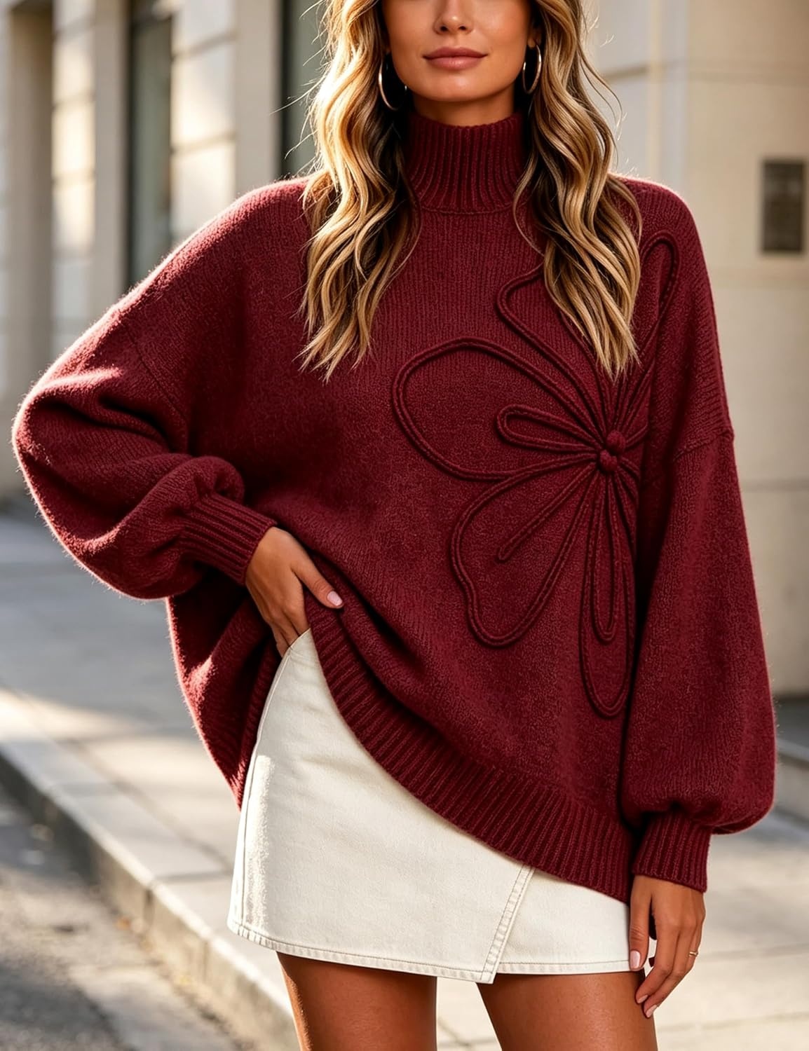 image:imageSpringrain Womens Oversized Mock Neck Sweater 3D Flower Knit Pullover TopBurgundy