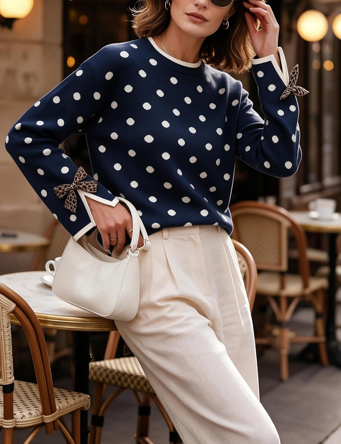 image:imageSpringrain Womens Polka Dot Crewneck Knit Pullover Sweater Fall TopsNavy