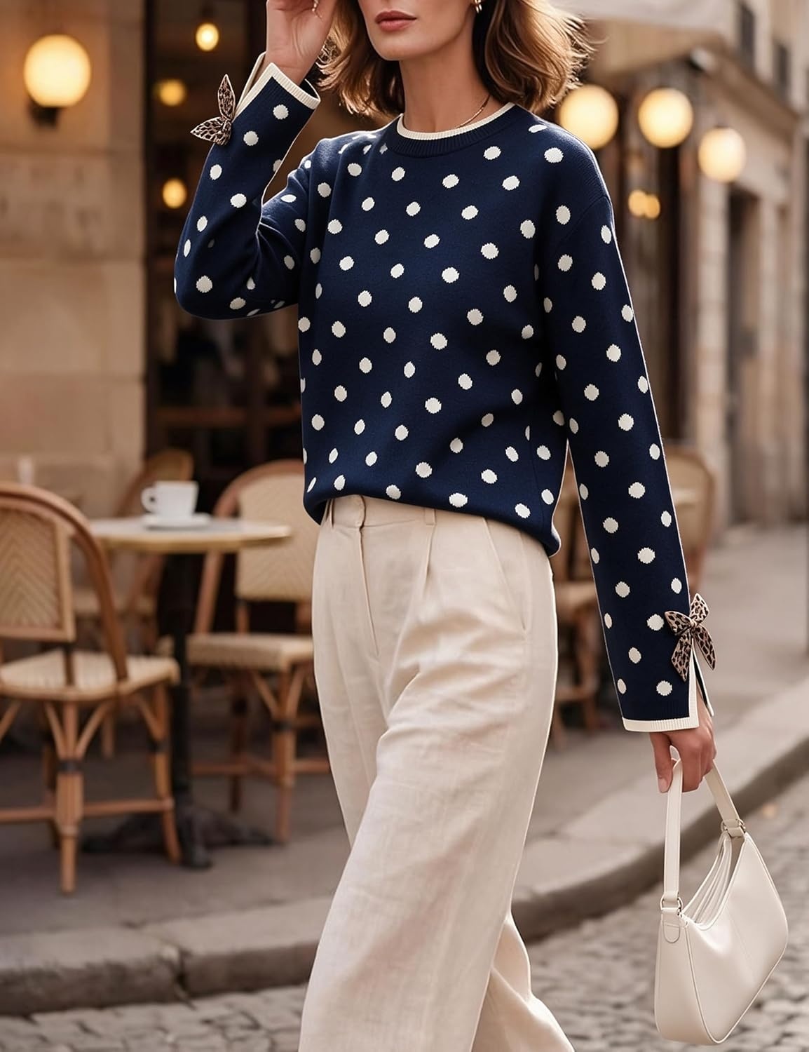 image:imageSpringrain Womens Polka Dot Crewneck Knit Pullover Sweater Fall TopsNavy