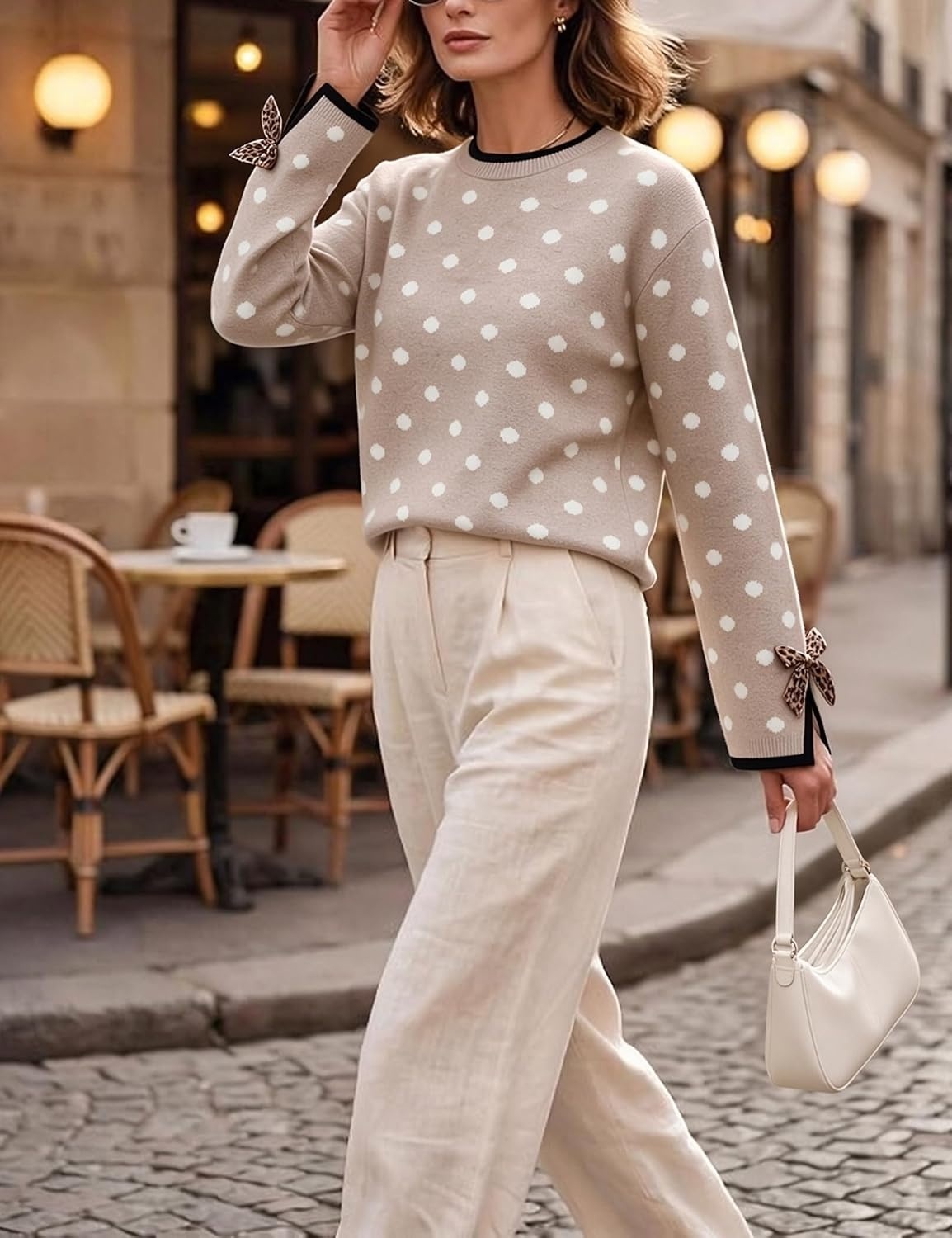 image:imageSpringrain Womens Polka Dot Crewneck Knit Pullover Sweater Fall TopsOatmeal