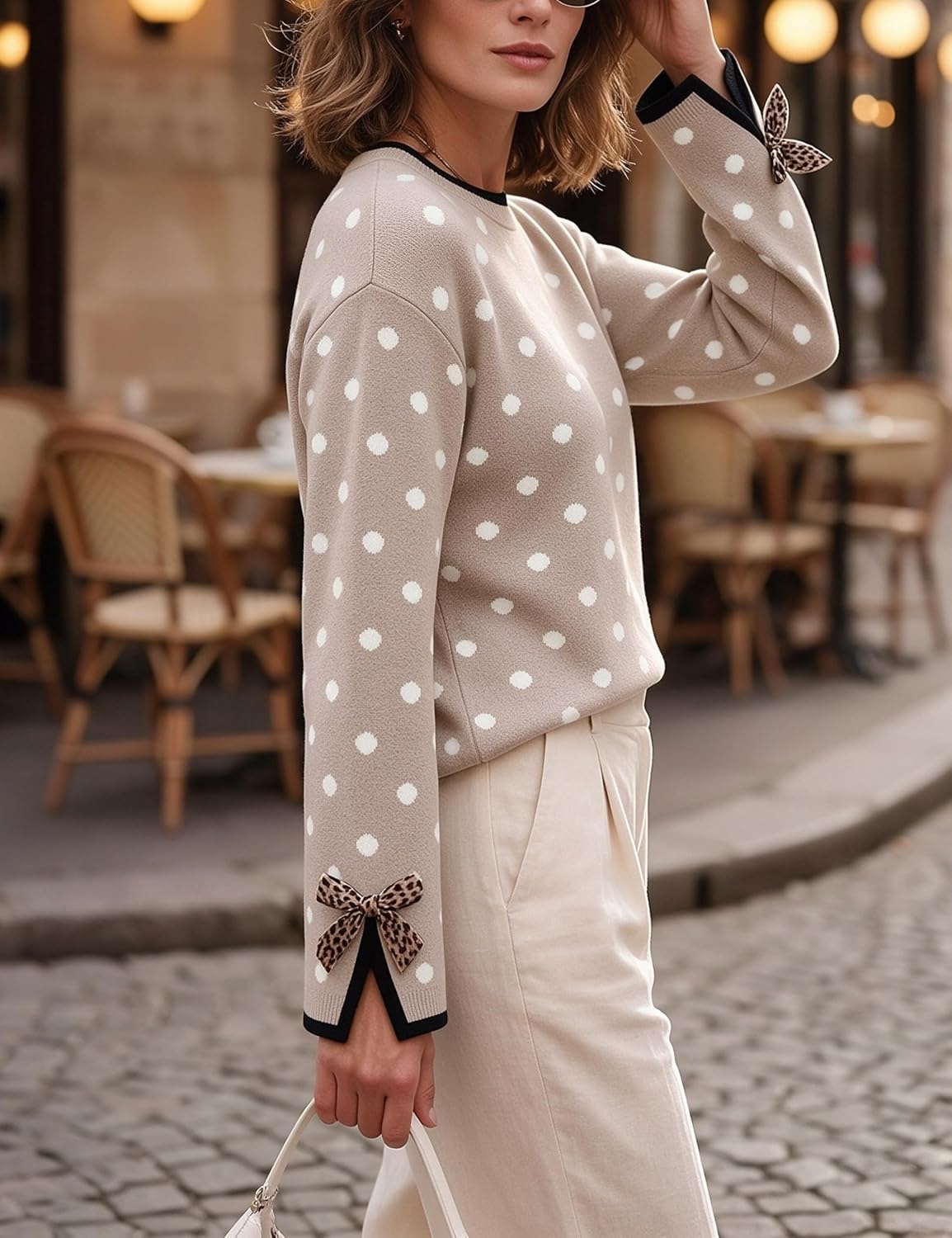 image:imageSpringrain Womens Polka Dot Crewneck Knit Pullover Sweater Fall TopsOatmeal