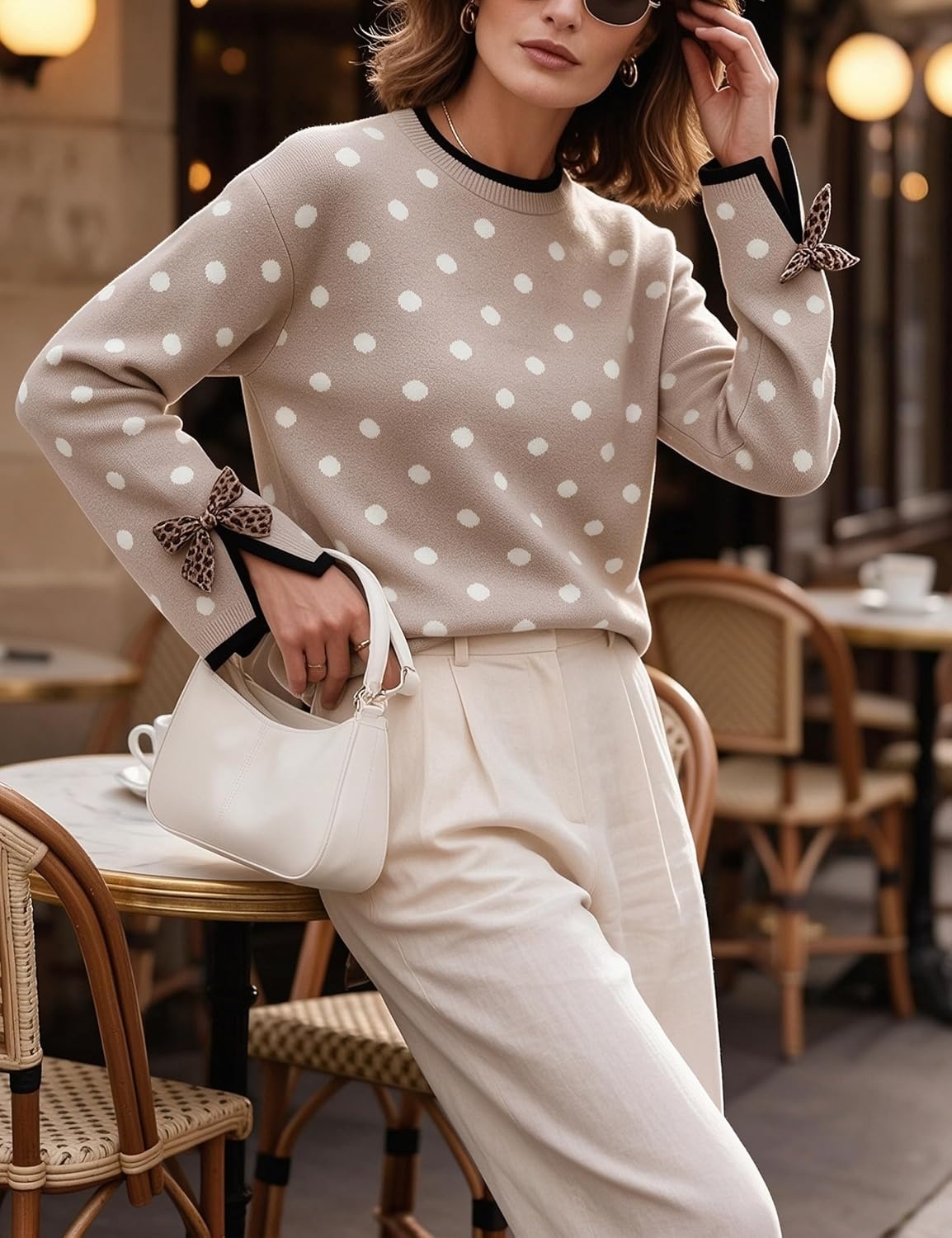 image:imageSpringrain Womens Polka Dot Crewneck Knit Pullover Sweater Fall TopsOatmeal