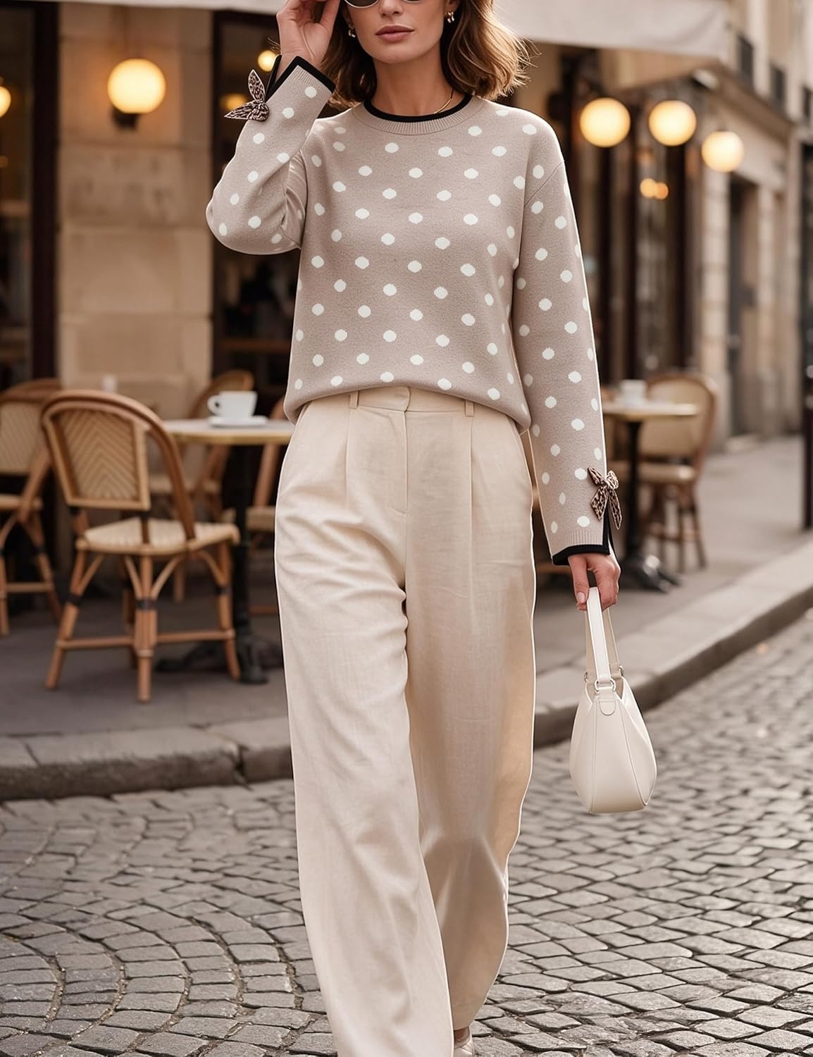 image:imageSpringrain Womens Polka Dot Crewneck Knit Pullover Sweater Fall TopsOatmeal