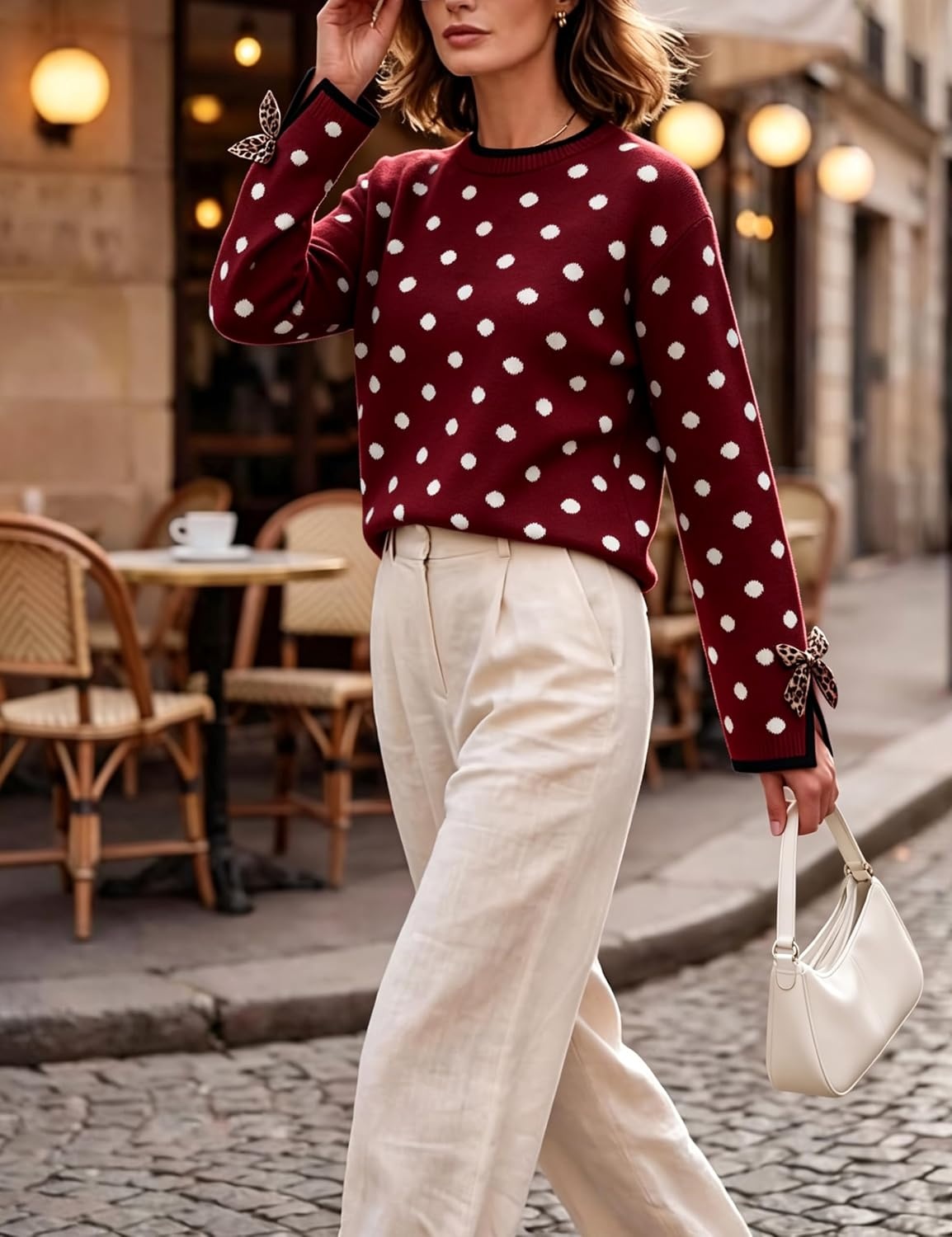 image:imageSpringrain Womens Polka Dot Crewneck Knit Pullover Sweater Fall TopsRed