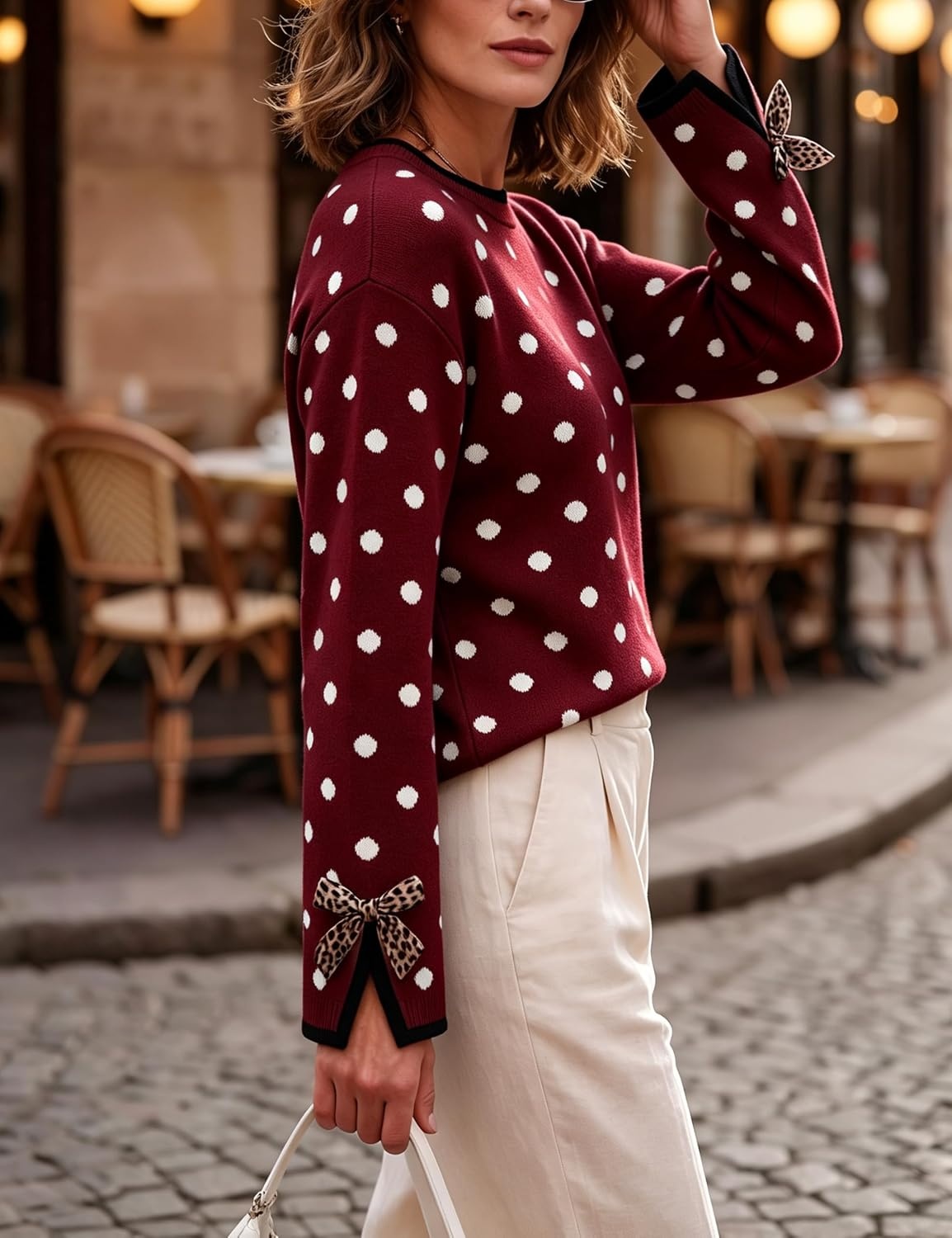 image:imageSpringrain Womens Polka Dot Crewneck Knit Pullover Sweater Fall TopsRed