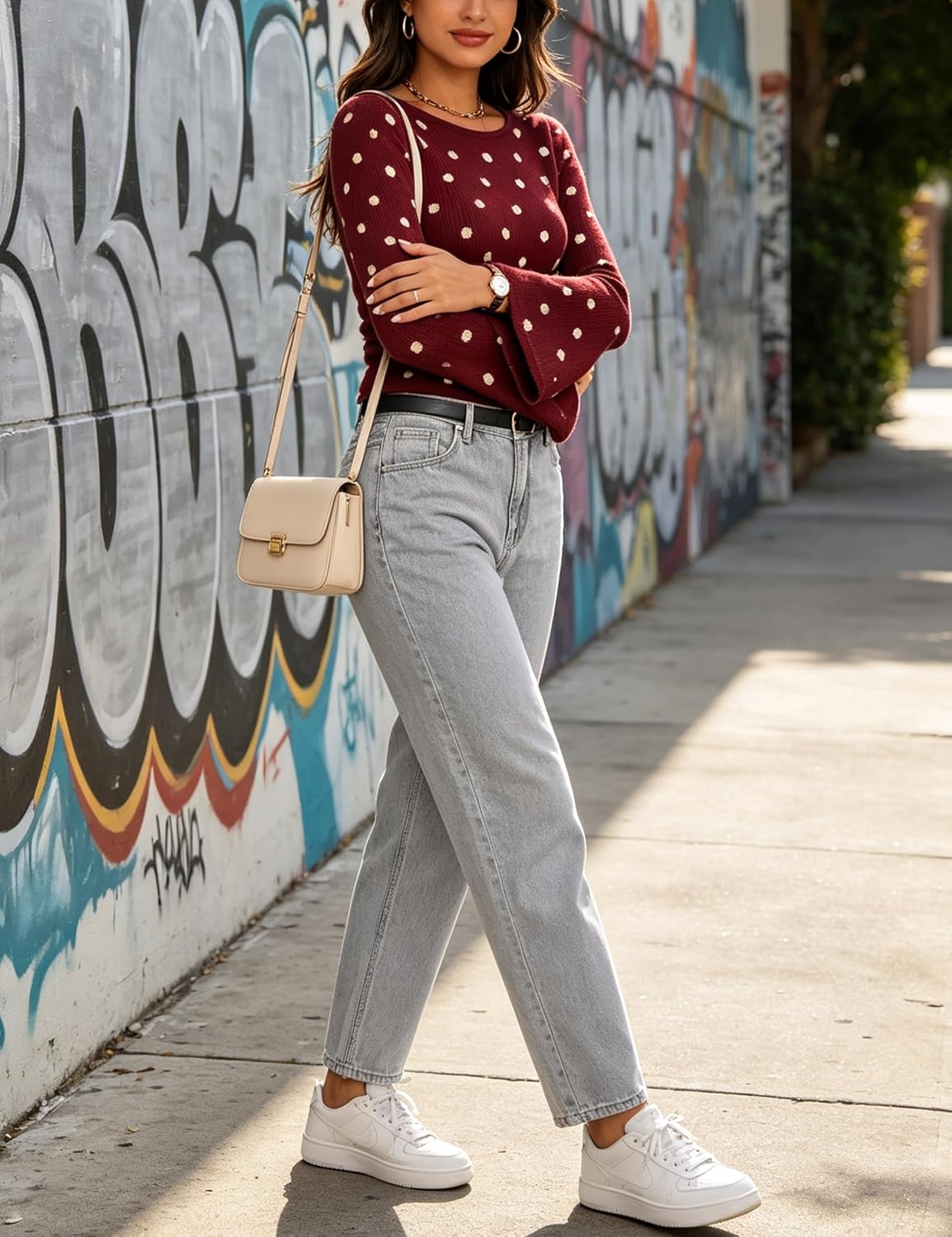 image:imageSpringrain Womens Polka Dot Knit Sweater Bell Sleeve Crew Neck PulloverWine