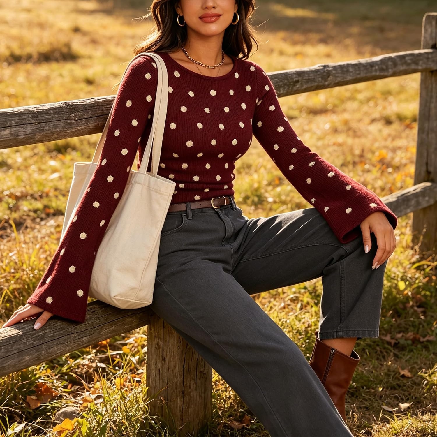 image:imageSpringrain Womens Polka Dot Knit Sweater Bell Sleeve Crew Neck PulloverWine