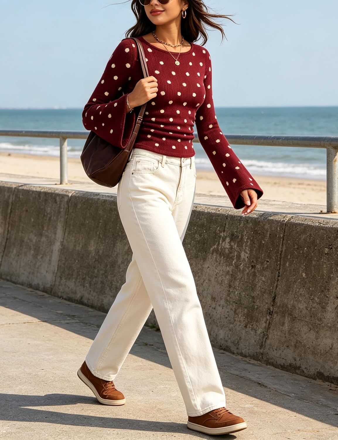 image:imageSpringrain Womens Polka Dot Knit Sweater Bell Sleeve Crew Neck PulloverWine