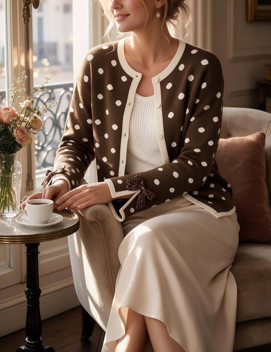 image:imageSpringrain Womens Polka Dot Leopard Print Bow Long Sleeve Knit CardiganCoffee