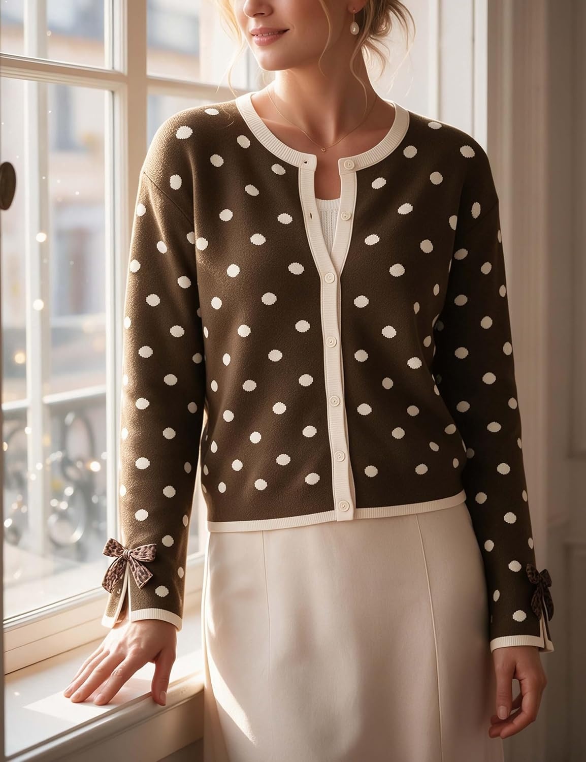 image:imageSpringrain Womens Polka Dot Leopard Print Bow Long Sleeve Knit CardiganCoffee