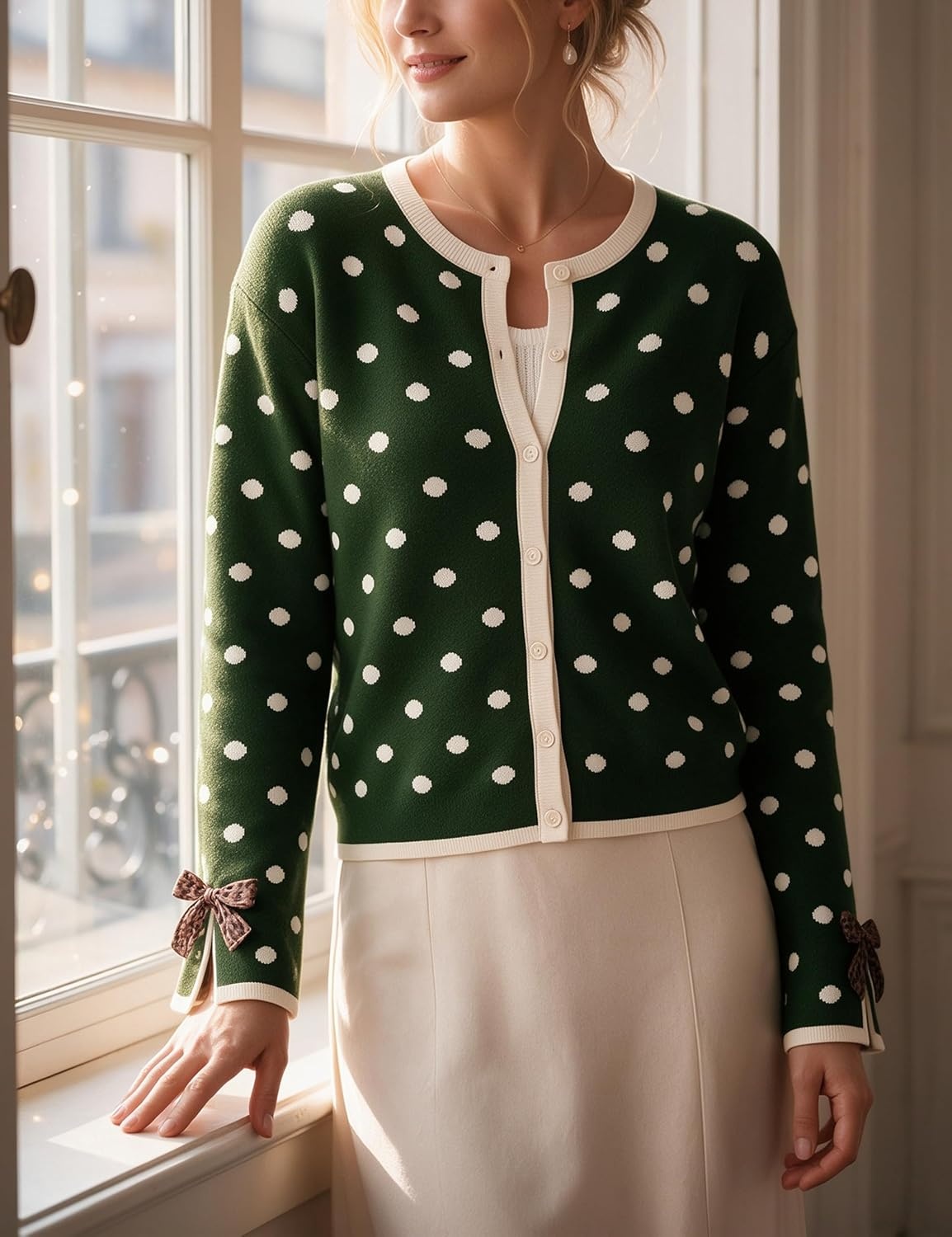 image:imageSpringrain Womens Polka Dot Leopard Print Bow Long Sleeve Knit CardiganGreen
