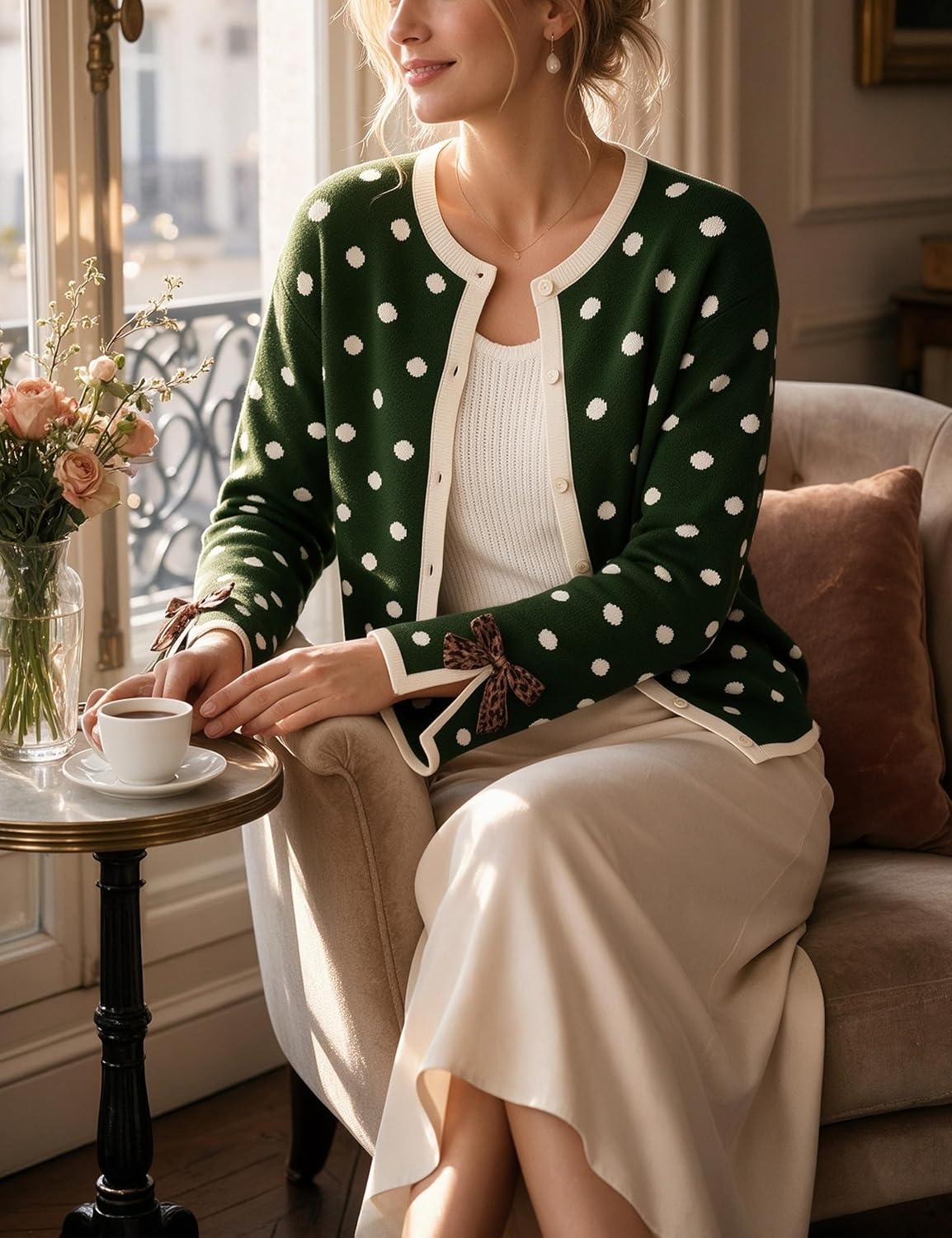 image:imageSpringrain Womens Polka Dot Leopard Print Bow Long Sleeve Knit CardiganGreen
