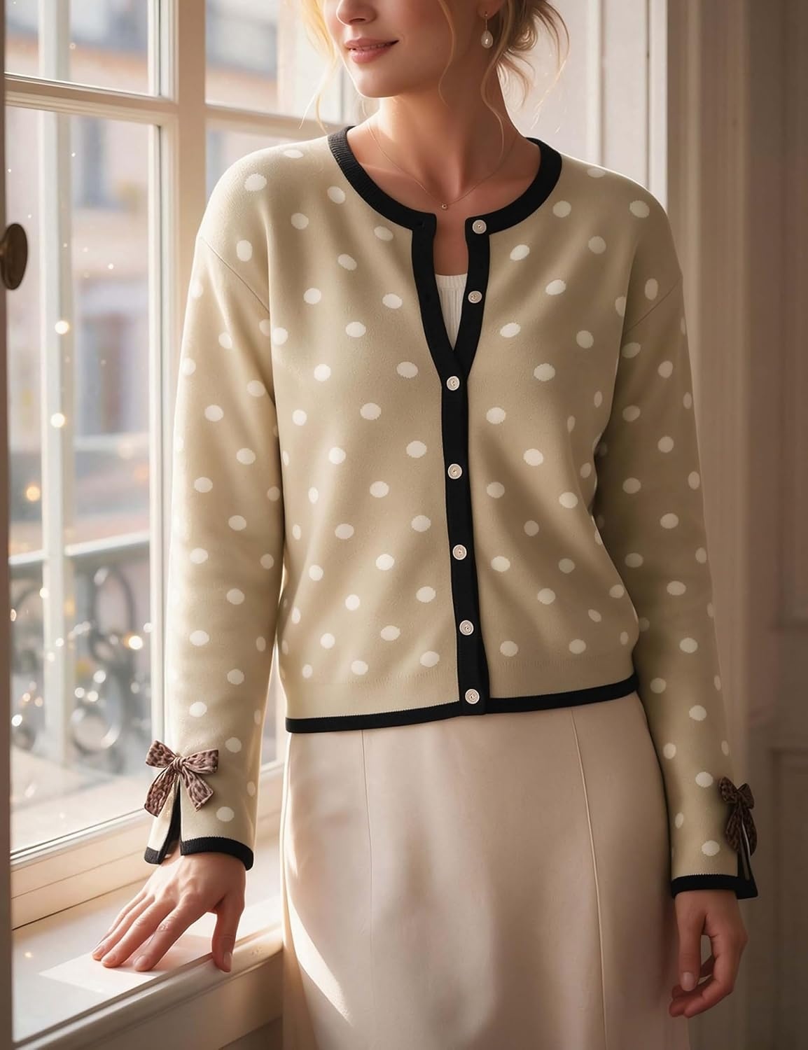 image:imageSpringrain Womens Polka Dot Leopard Print Bow Long Sleeve Knit CardiganKhaki