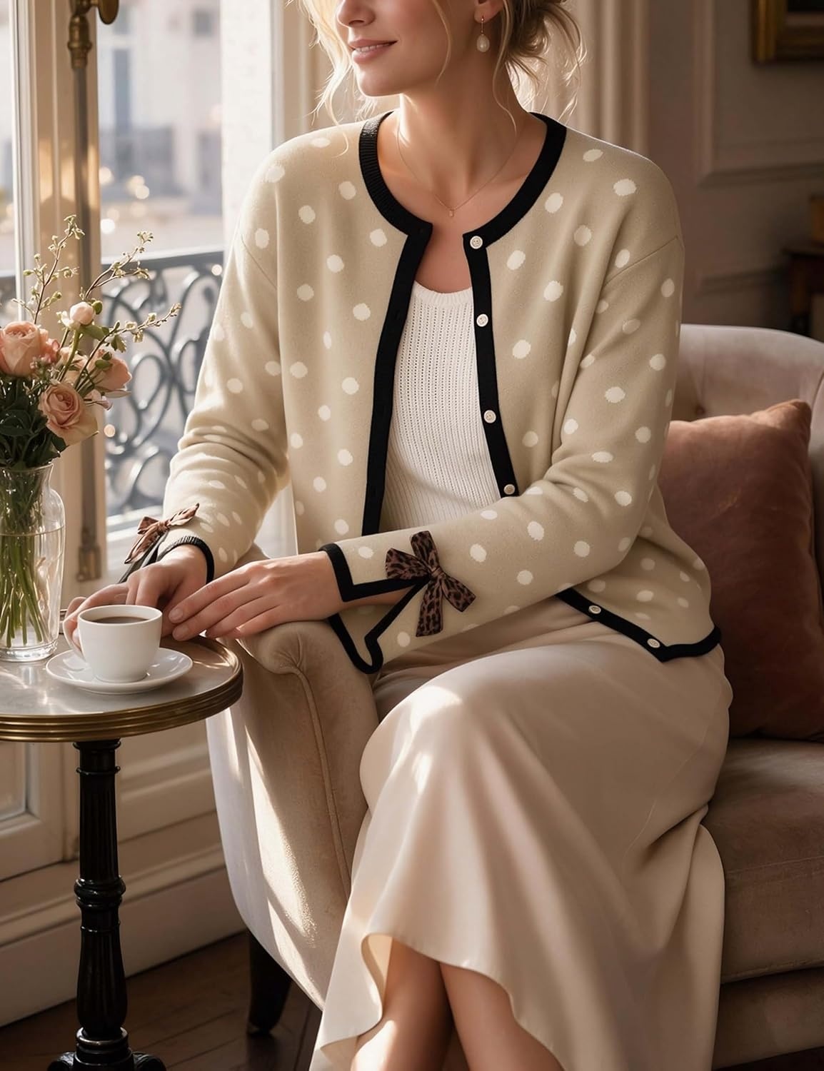 image:imageSpringrain Womens Polka Dot Leopard Print Bow Long Sleeve Knit CardiganKhaki