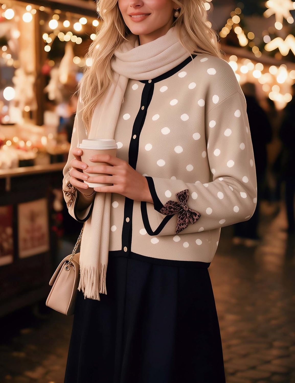 image:imageSpringrain Womens Polka Dot Leopard Print Bow Long Sleeve Knit CardiganKhaki