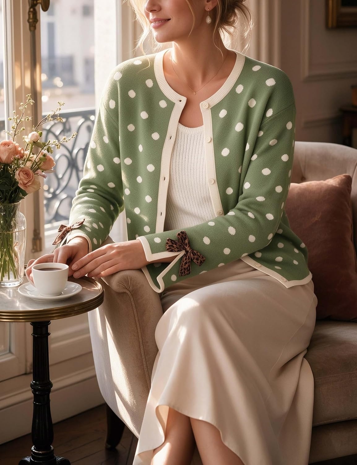 image:imageSpringrain Womens Polka Dot Leopard Print Bow Long Sleeve Knit CardiganLightgreen