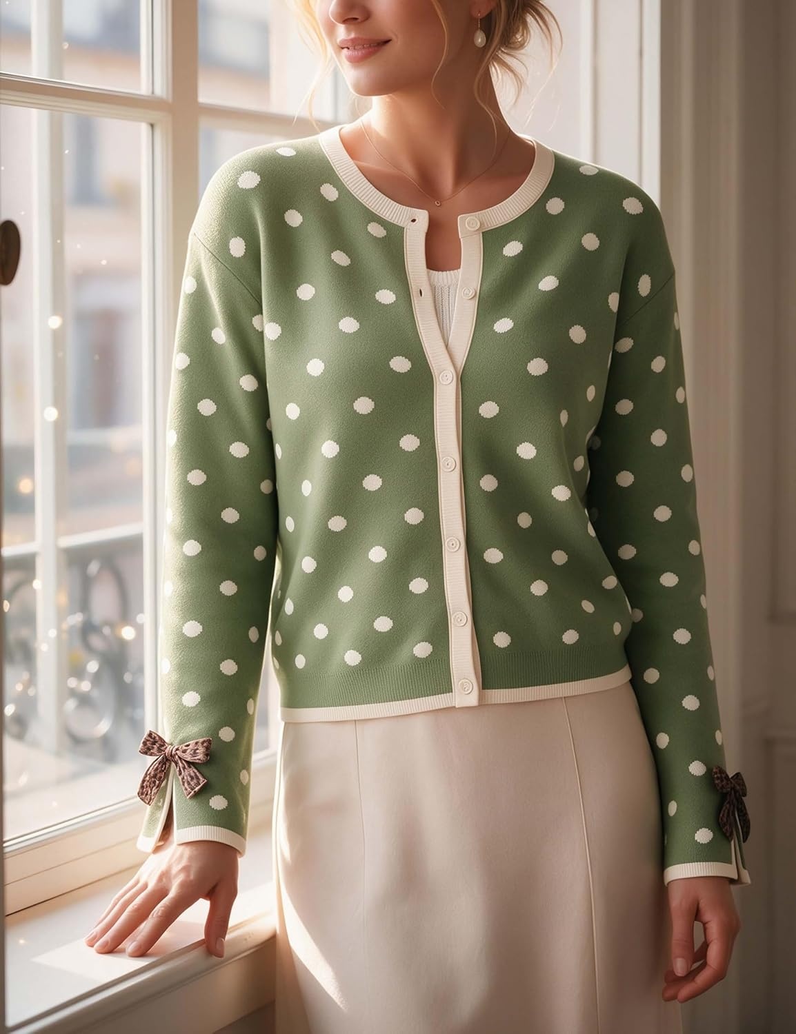 image:imageSpringrain Womens Polka Dot Leopard Print Bow Long Sleeve Knit CardiganLightgreen