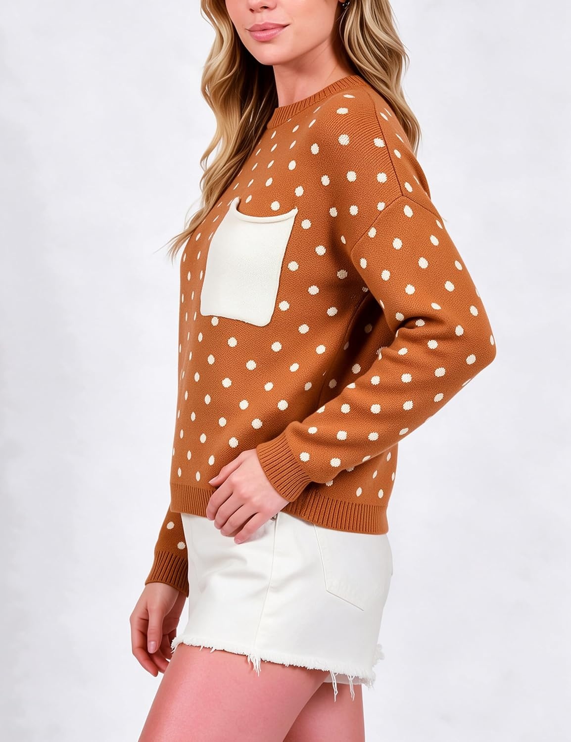 image:imageSpringrain Womens Polka Dot Lightweight Crewneck Knit Tops Fall SweaterBurntorange