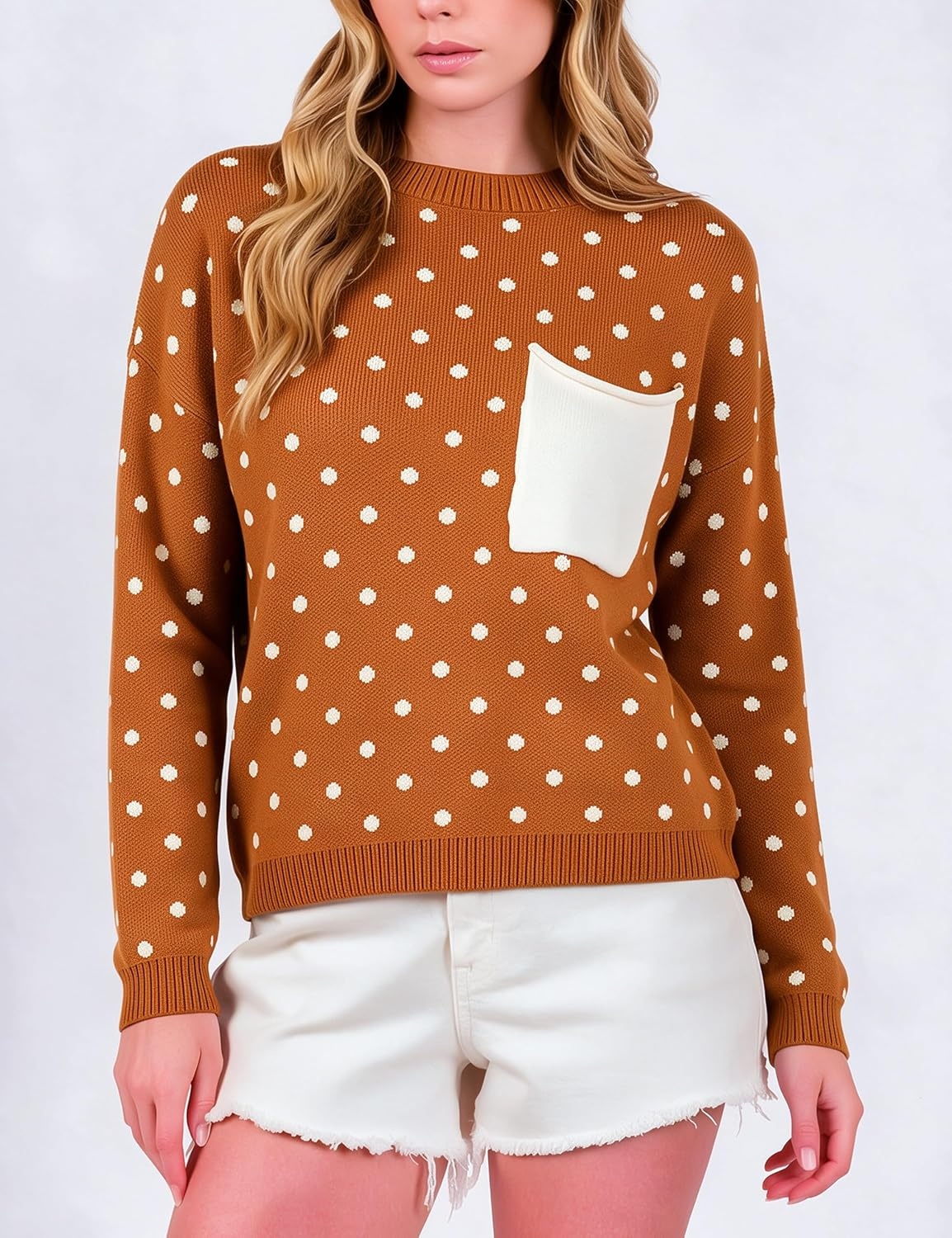 image:imageSpringrain Womens Polka Dot Lightweight Crewneck Knit Tops Fall SweaterBurntorange