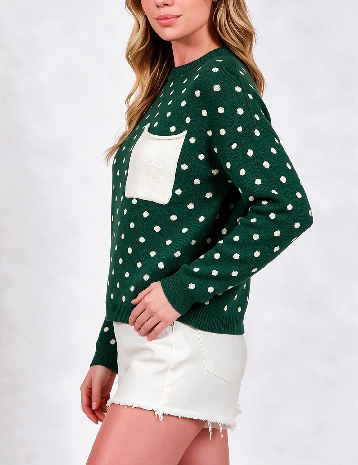 image:imageSpringrain Womens Polka Dot Lightweight Crewneck Knit Tops Fall SweaterGreen