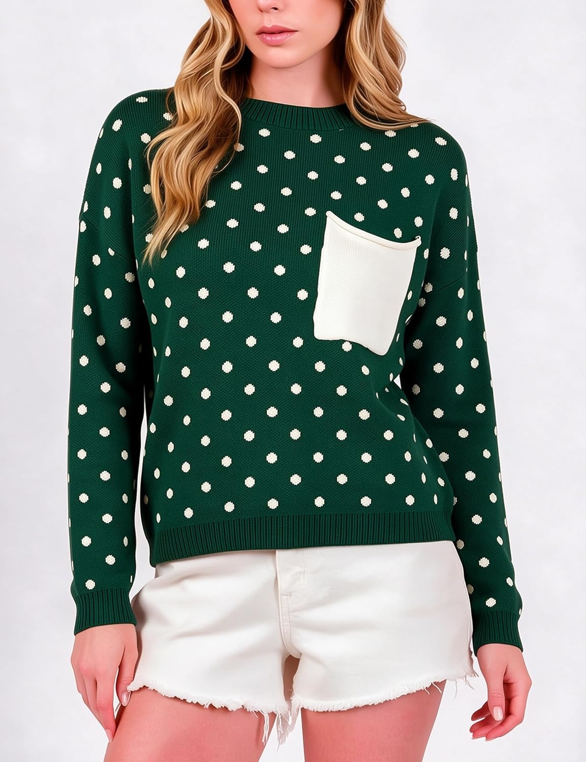 image:imageSpringrain Womens Polka Dot Lightweight Crewneck Knit Tops Fall SweaterGreen