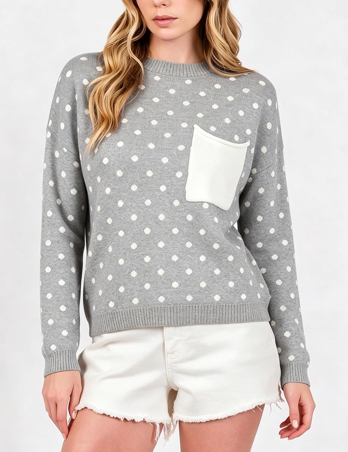 image:imageSpringrain Womens Polka Dot Lightweight Crewneck Knit Tops Fall SweaterGrey