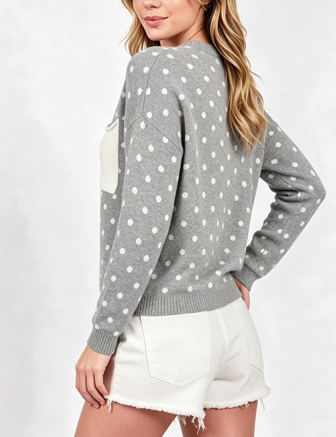 image:imageSpringrain Womens Polka Dot Lightweight Crewneck Knit Tops Fall SweaterGrey