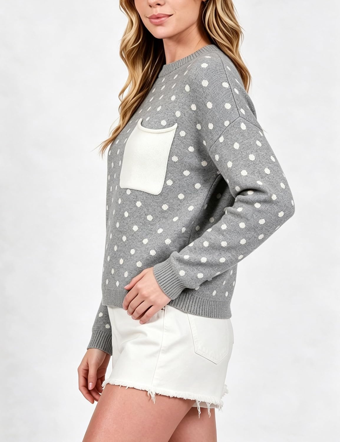 image:imageSpringrain Womens Polka Dot Lightweight Crewneck Knit Tops Fall SweaterGrey