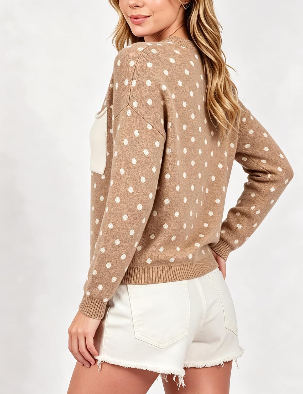 image:imageSpringrain Womens Polka Dot Lightweight Crewneck Knit Tops Fall SweaterKhaki
