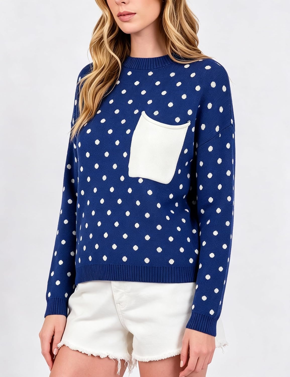 image:imageSpringrain Womens Polka Dot Lightweight Crewneck Knit Tops Fall SweaterNavy