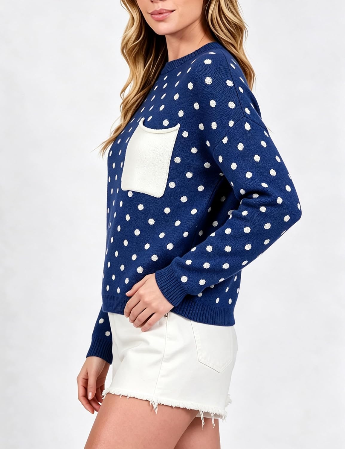 image:imageSpringrain Womens Polka Dot Lightweight Crewneck Knit Tops Fall SweaterNavy