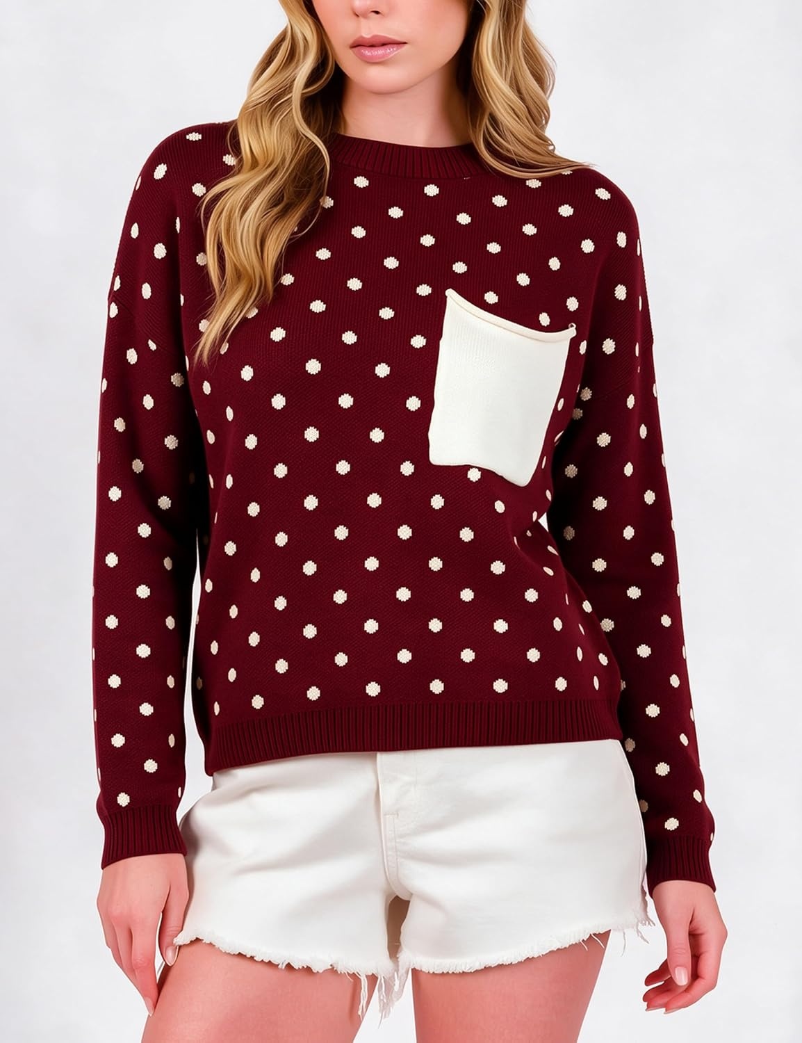 image:imageSpringrain Womens Polka Dot Lightweight Crewneck Knit Tops Fall SweaterRed