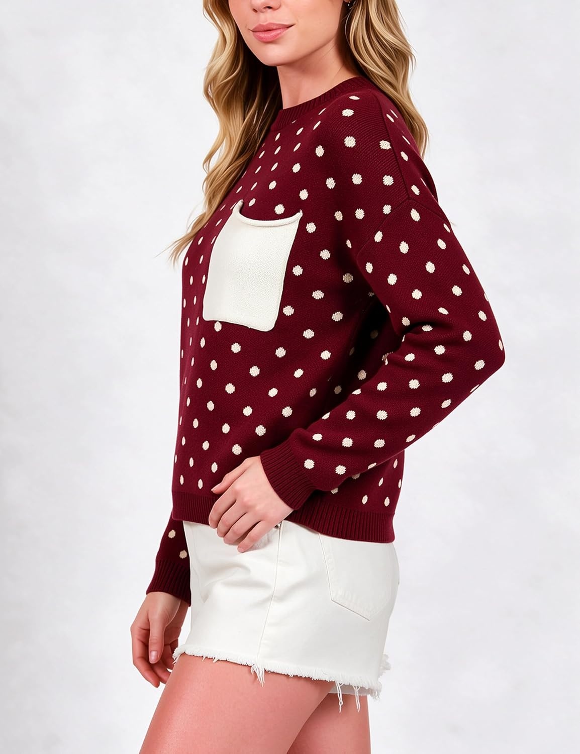 image:imageSpringrain Womens Polka Dot Lightweight Crewneck Knit Tops Fall SweaterRed