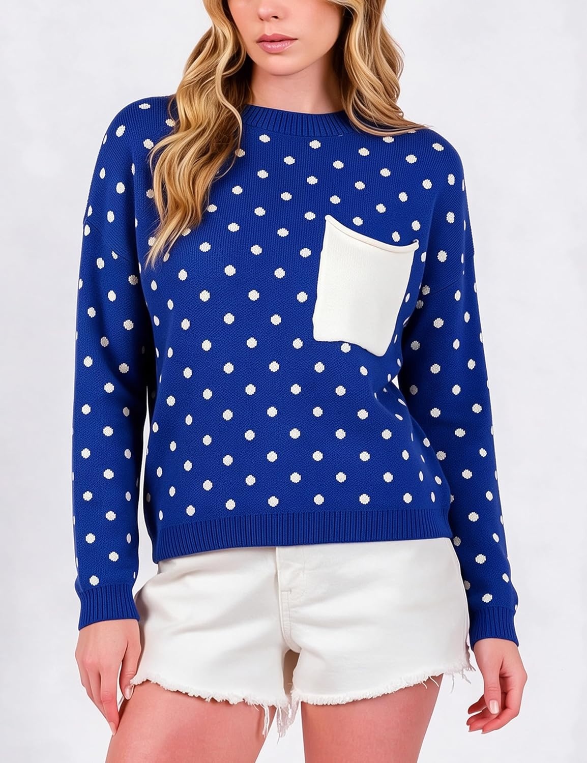 image:imageSpringrain Womens Polka Dot Lightweight Crewneck Knit Tops Fall SweaterRoyalblue