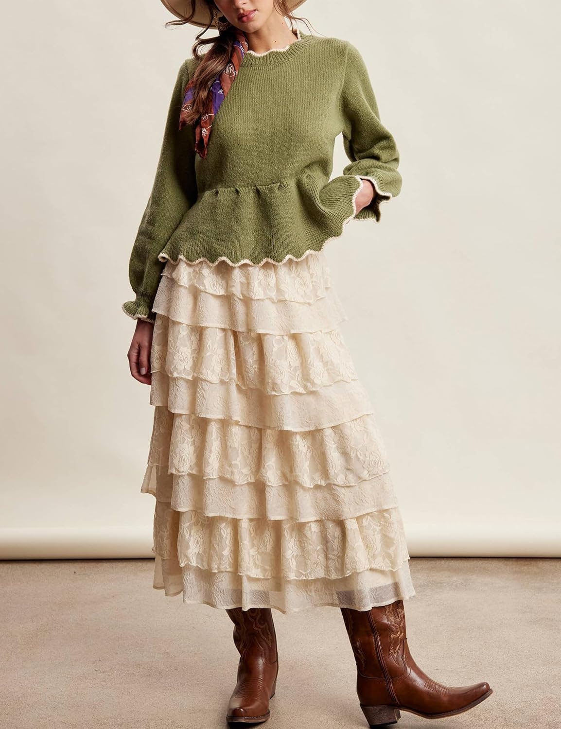 image:imageSpringrain Womens Scalloped Peplum Long Sleeve Knit SweaterArmygreen