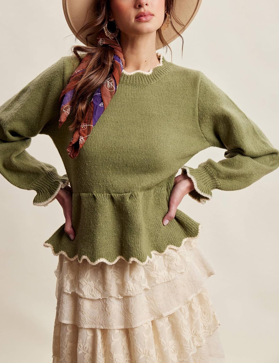 image:imageSpringrain Womens Scalloped Peplum Long Sleeve Knit SweaterArmygreen