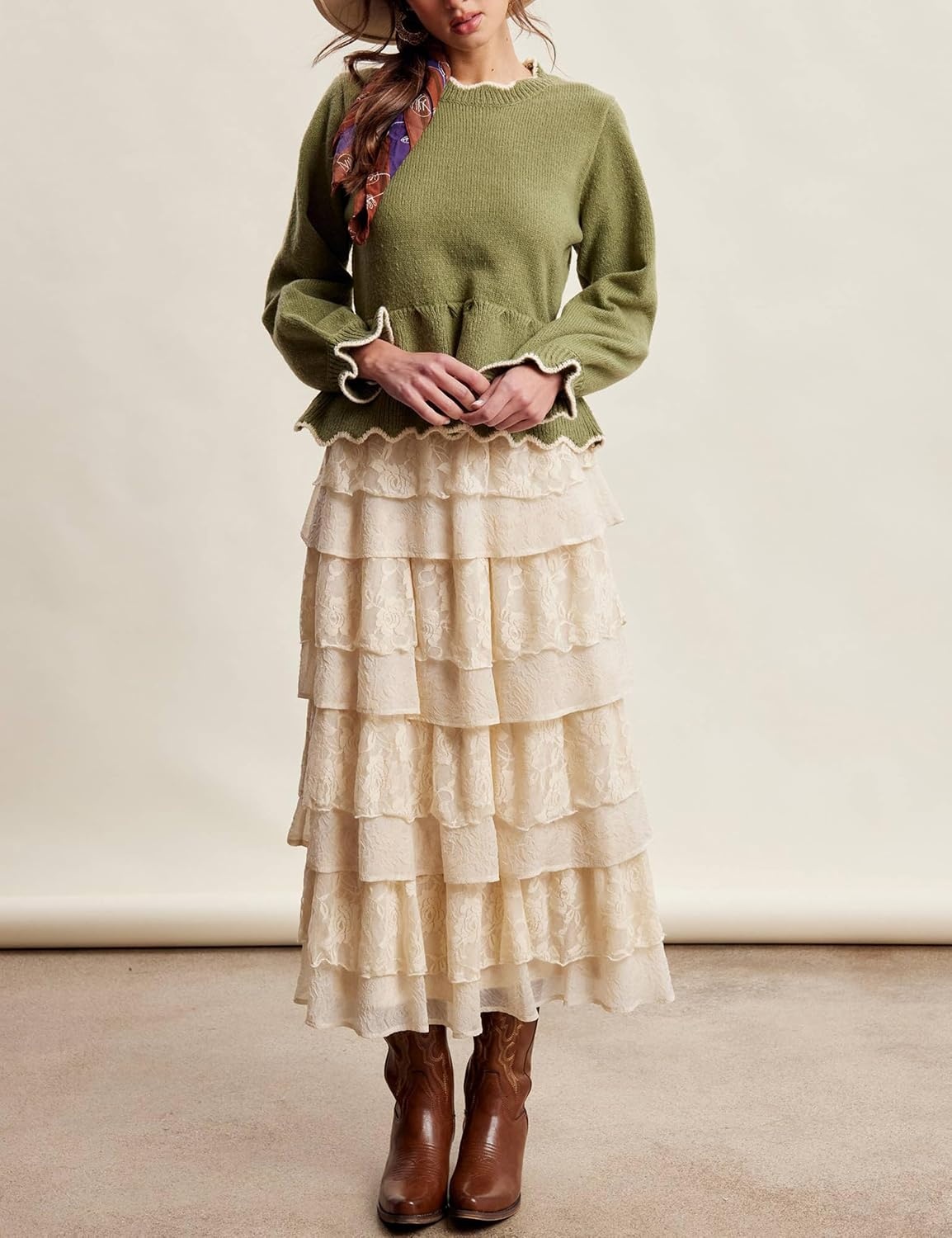 image:imageSpringrain Womens Scalloped Peplum Long Sleeve Knit SweaterArmygreen