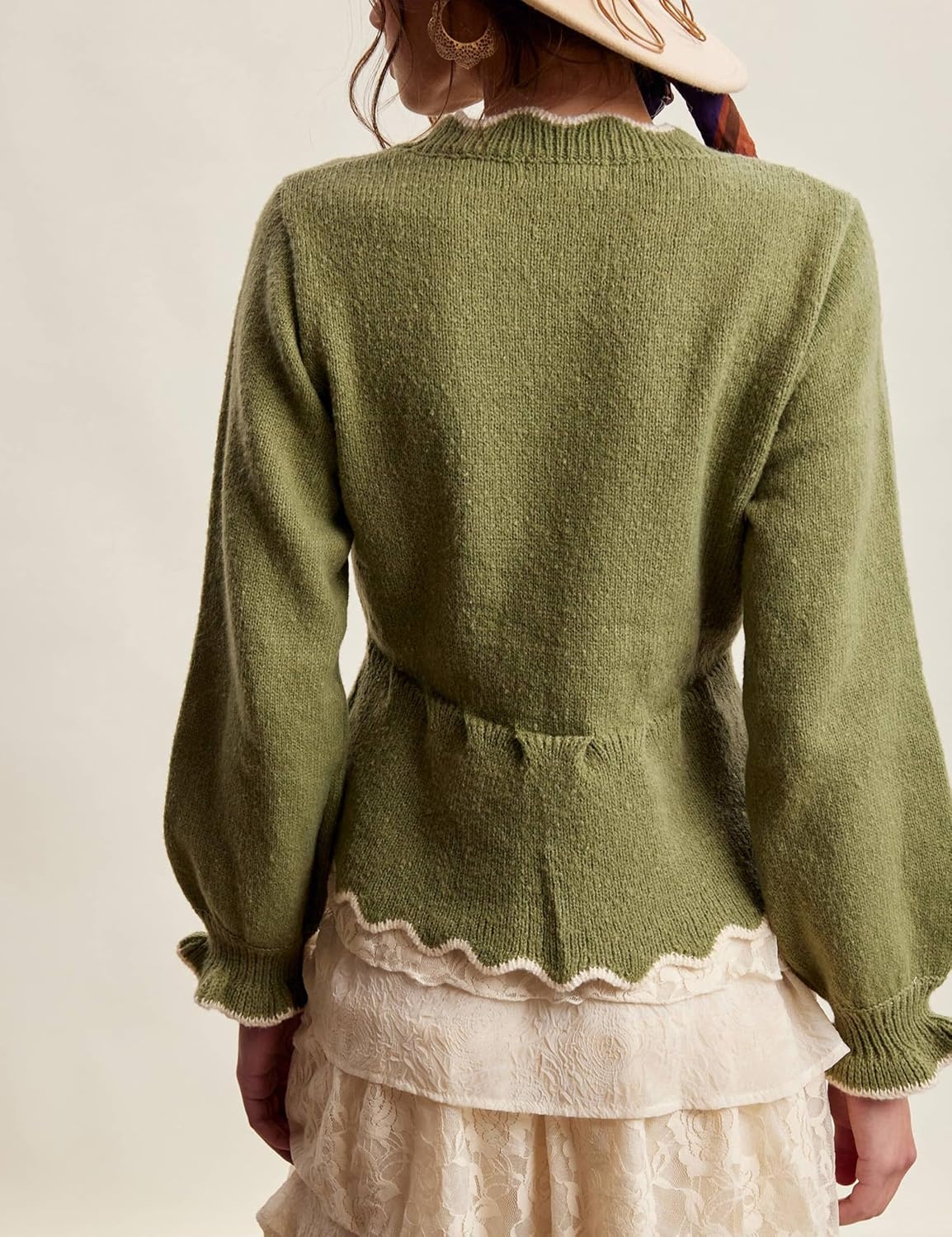 image:imageSpringrain Womens Scalloped Peplum Long Sleeve Knit SweaterArmygreen
