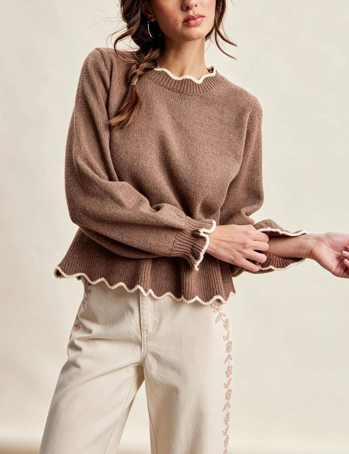 image:imageSpringrain Womens Scalloped Peplum Long Sleeve Knit SweaterDarkkhaki