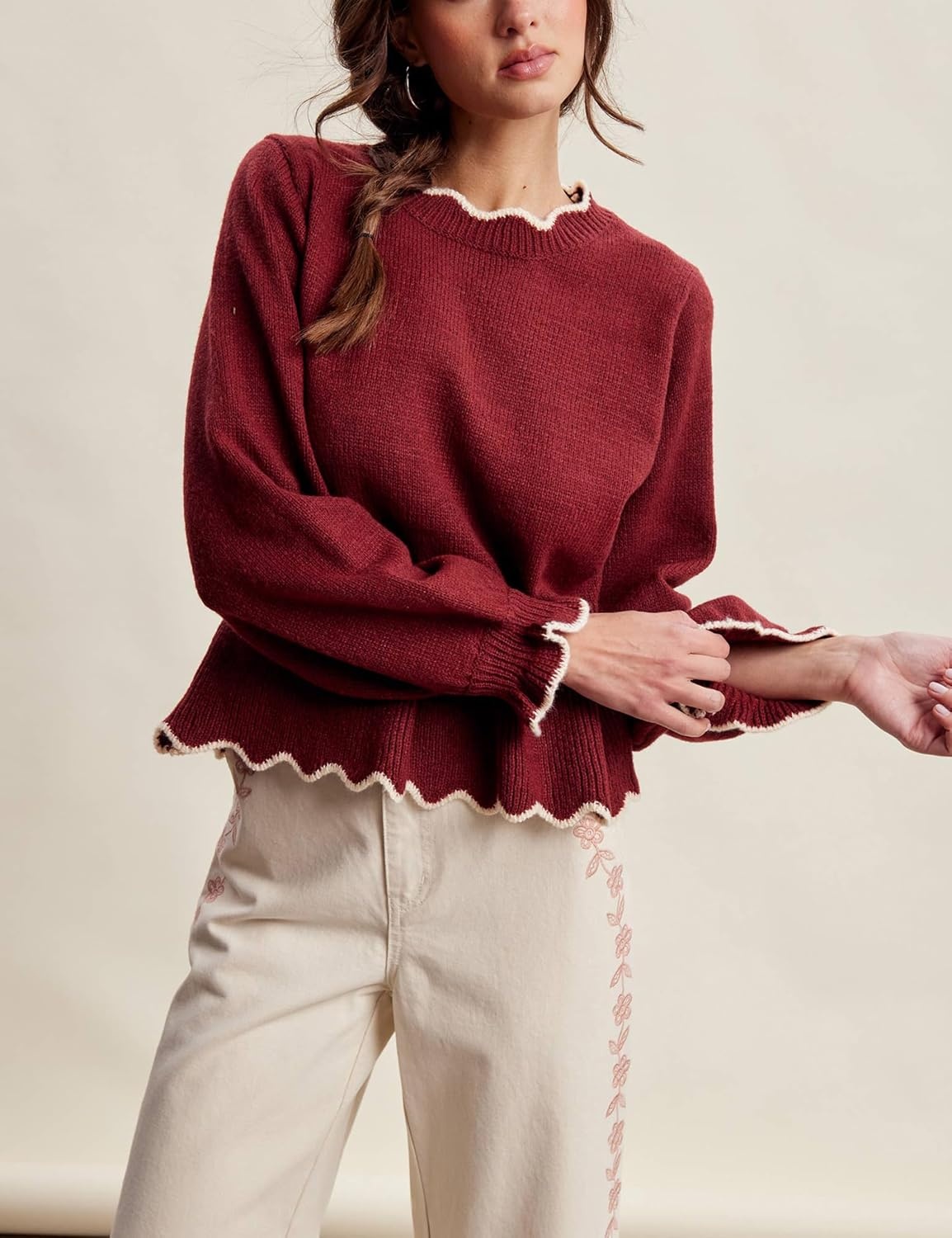 image:imageSpringrain Womens Scalloped Peplum Long Sleeve Knit SweaterWinered